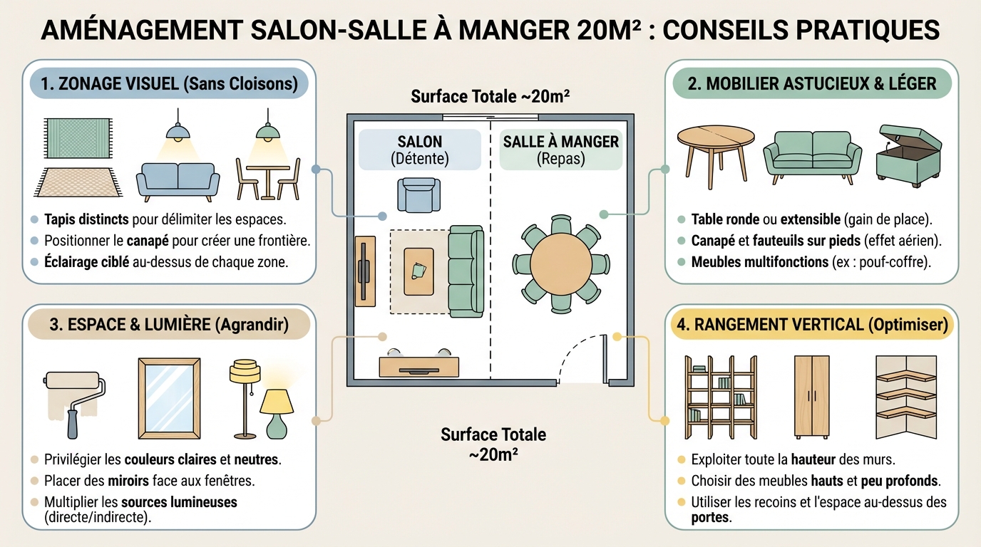 Idées de décoration pour un salon salle à manger de 20m2