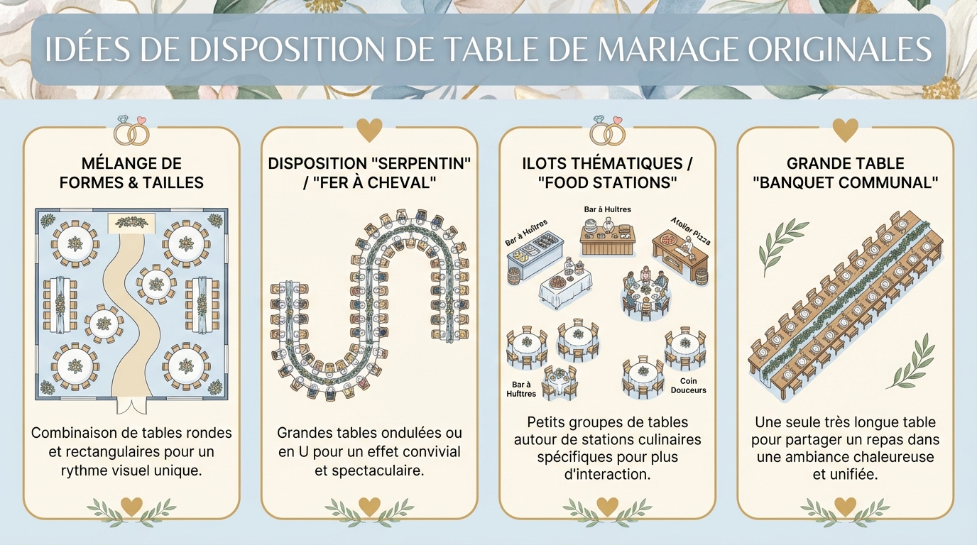 Des idées de disposition de table de mariage originales 1 Idées originales pour disposer les tables