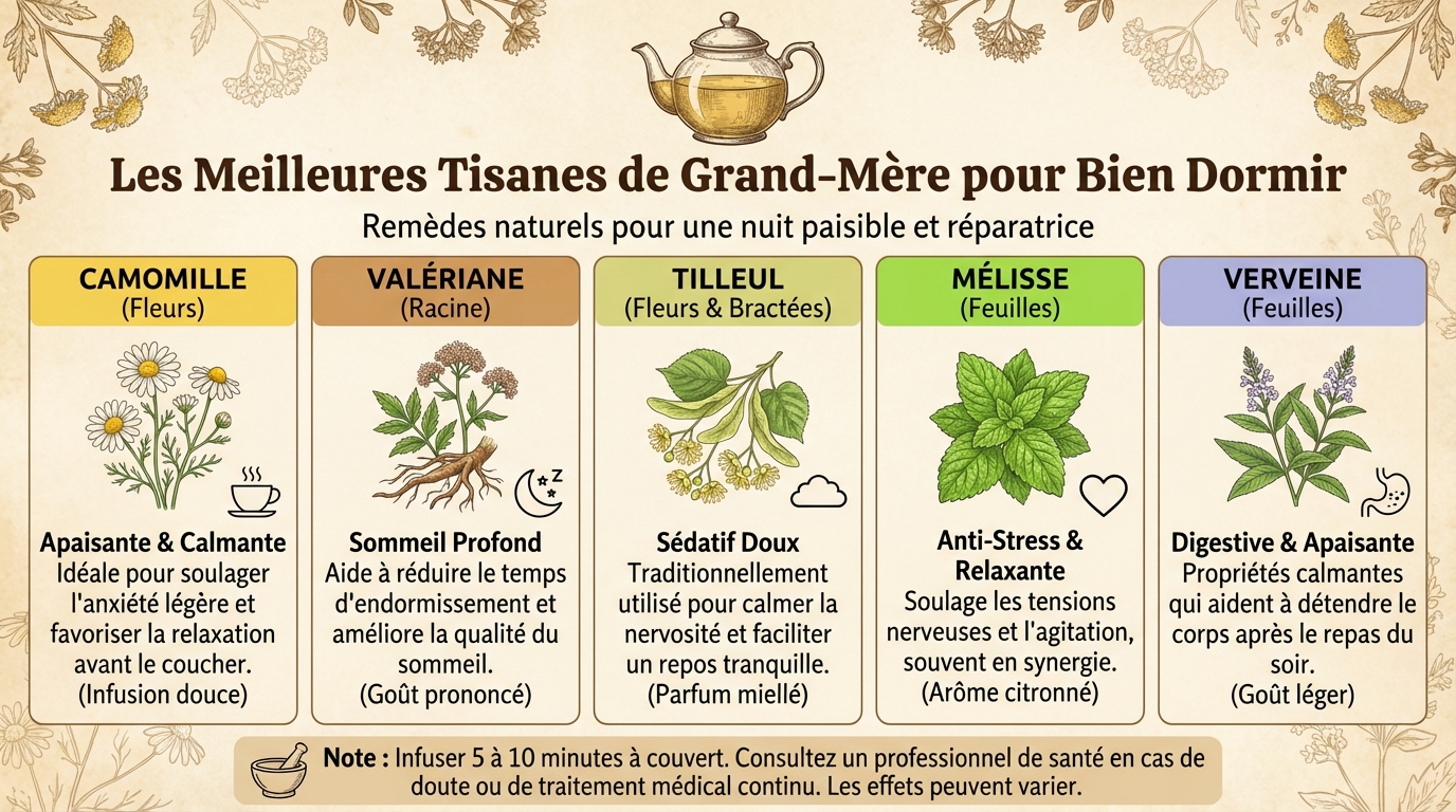 Les meilleures tisanes de grand-mère pour bien dormir 1 Les meilleures tisanes pour favoriser le sommeil